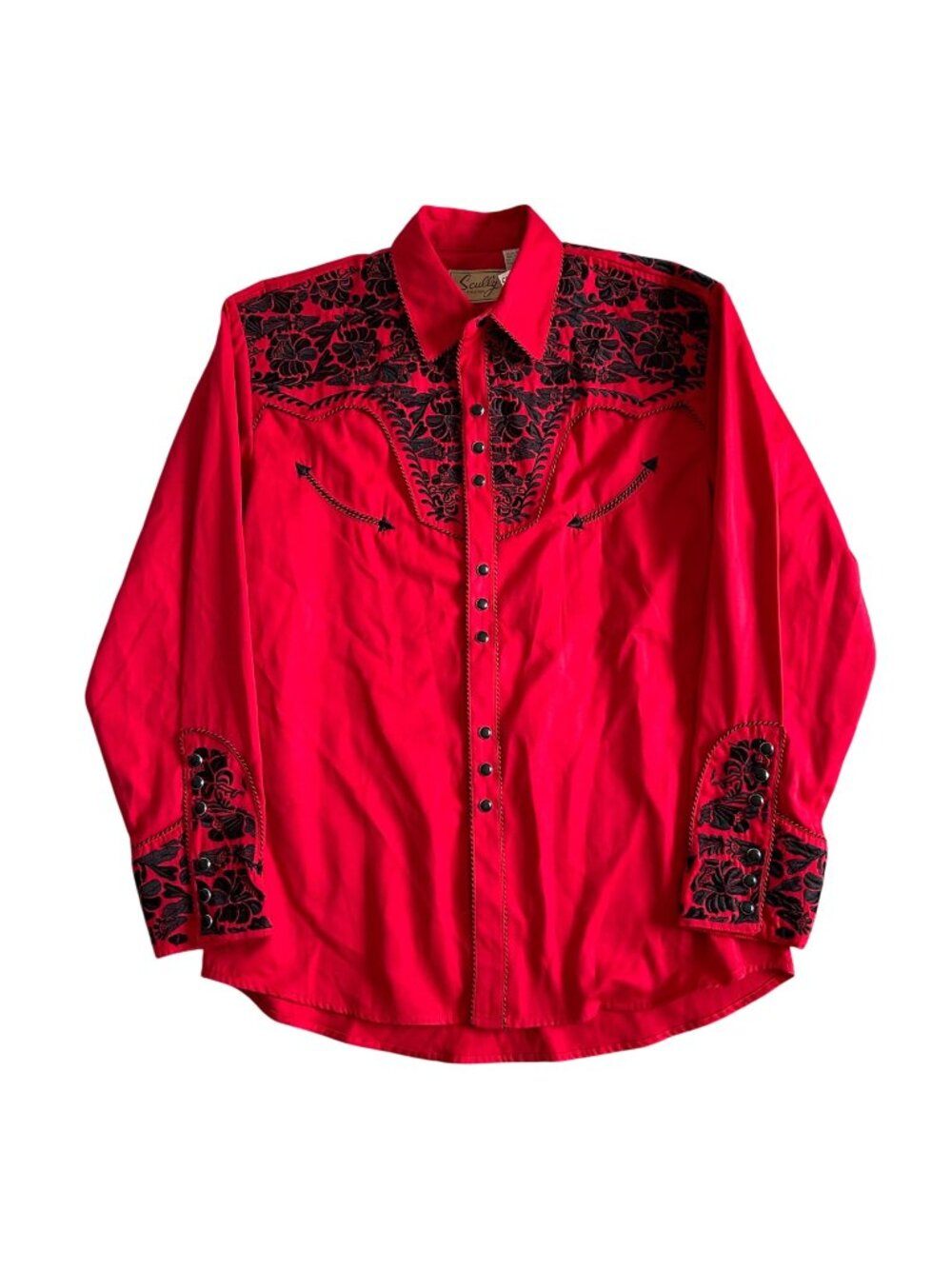 Vintage Scully Men's Sz M Red Western Shirt With Black Floral Embroidery